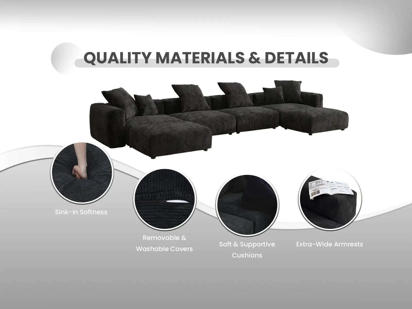 Matrix 1-Seater Black Single Sofa | 1-Piece, Corduroy Fabric, Living Room Accent, Washable Cushion Covers