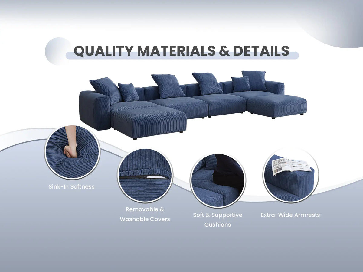 Matrix 4-Seater U-Shaped Sectional in Blue Corduroy | 6-Piece (Includes 2 Ottomans), Family Room Seating, Easy To Clean, Contemporary Style