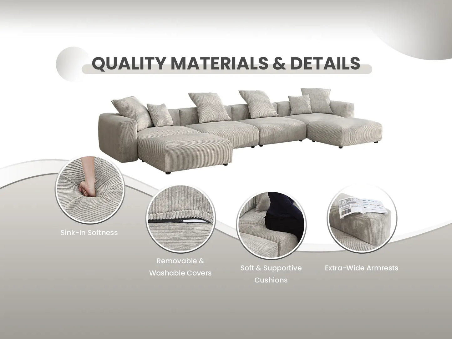 Matrix 4-Seater Grey U-Shaped Sectional | 6-Piece (Includes 2 Ottomans), Corduroy Fabric, Family Room Seating, Washable Cushion Covers