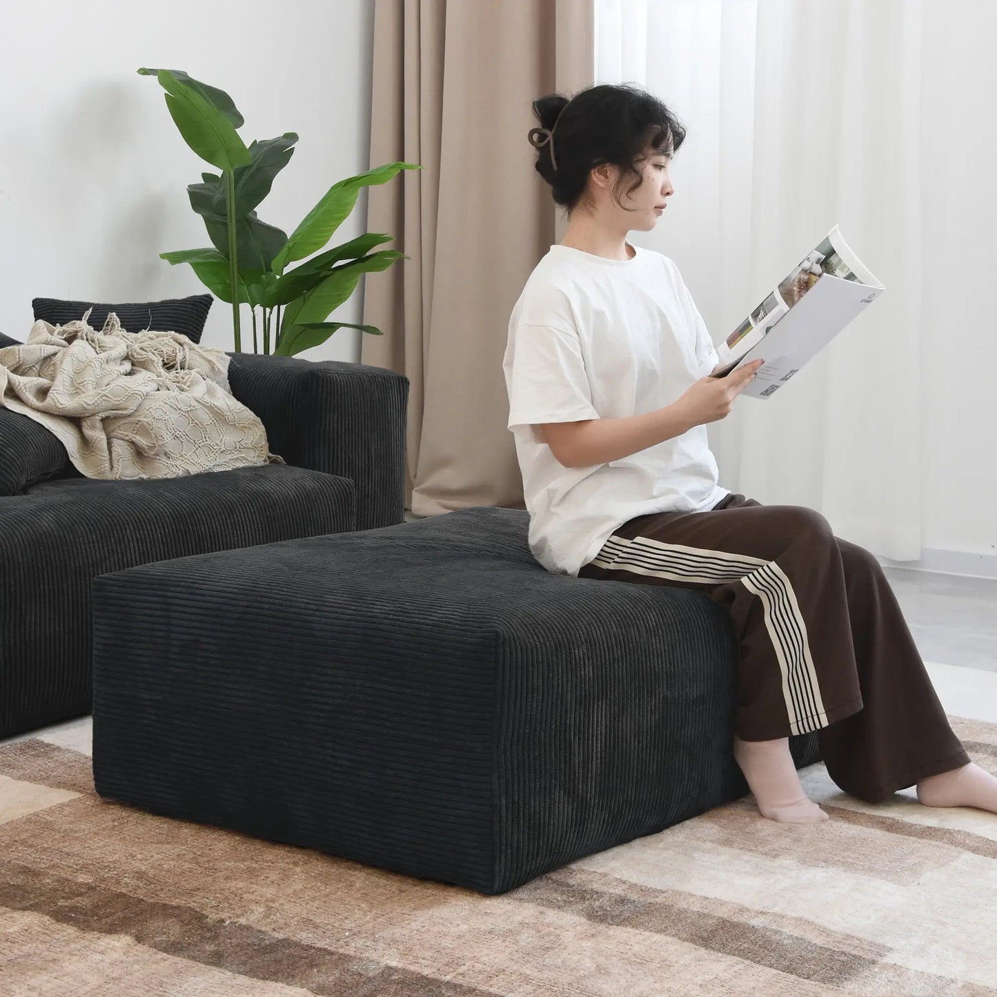 Matrix Modern Modular Sofas | Black Corduroy U shaped Sectionals 6-seaters