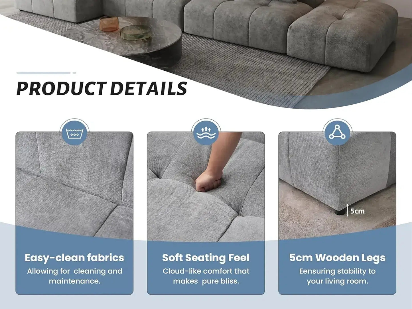 Seccional Matrix de 2 plazas con chaise longue gris claro | 3 piezas (incluye 1 otomana), tejido de lino, asientos para sala de estar