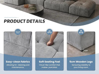 Seccional Matrix de 2 plazas con chaise longue gris claro | 3 piezas (incluye 1 otomana), tejido de lino, asientos para sala de estar