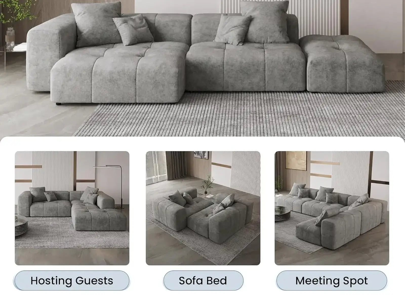 Seccional Matrix de 2 plazas con chaise longue gris claro | 3 piezas (incluye 1 otomana), tejido de lino, asientos para sala de estar
