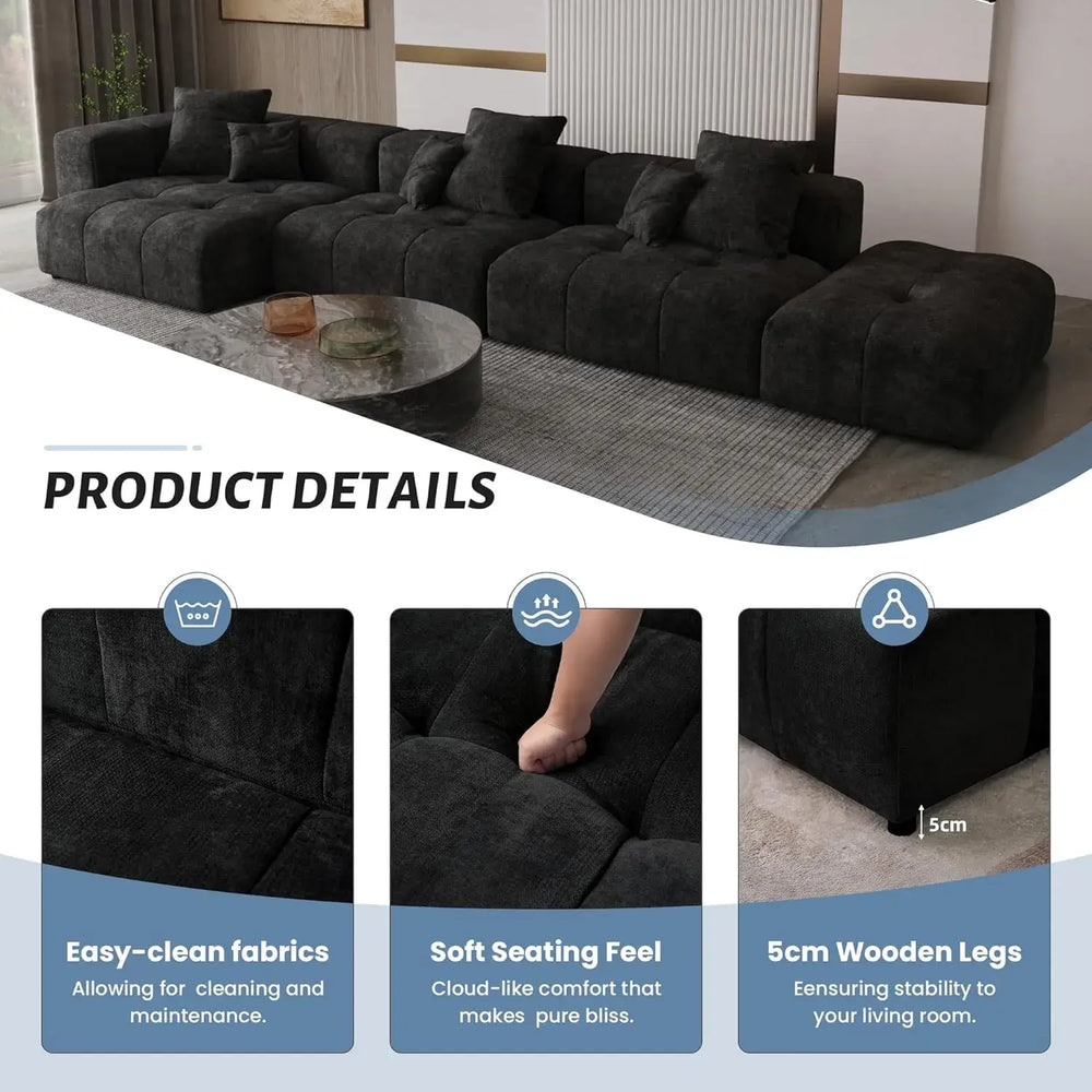 Matrix Classic Modular Sofas | Black Cotton and Linen Couch Sectionals 3-seaters with 1 Ottoman