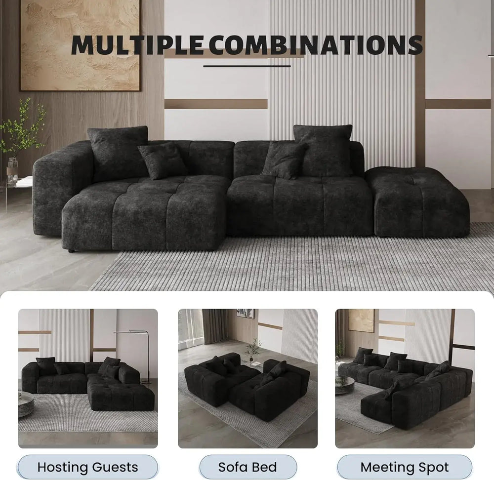 Matrix Classic Modular Sofas | Black Cotton and Linen Couch Sectionals 3-seaters with 1 Ottoman