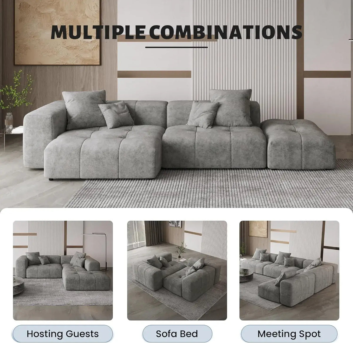 Matrix 3-Seater Light-Grey Sofa Set | 4-Piece (Includes 1 Ottoman), Linen Fabric