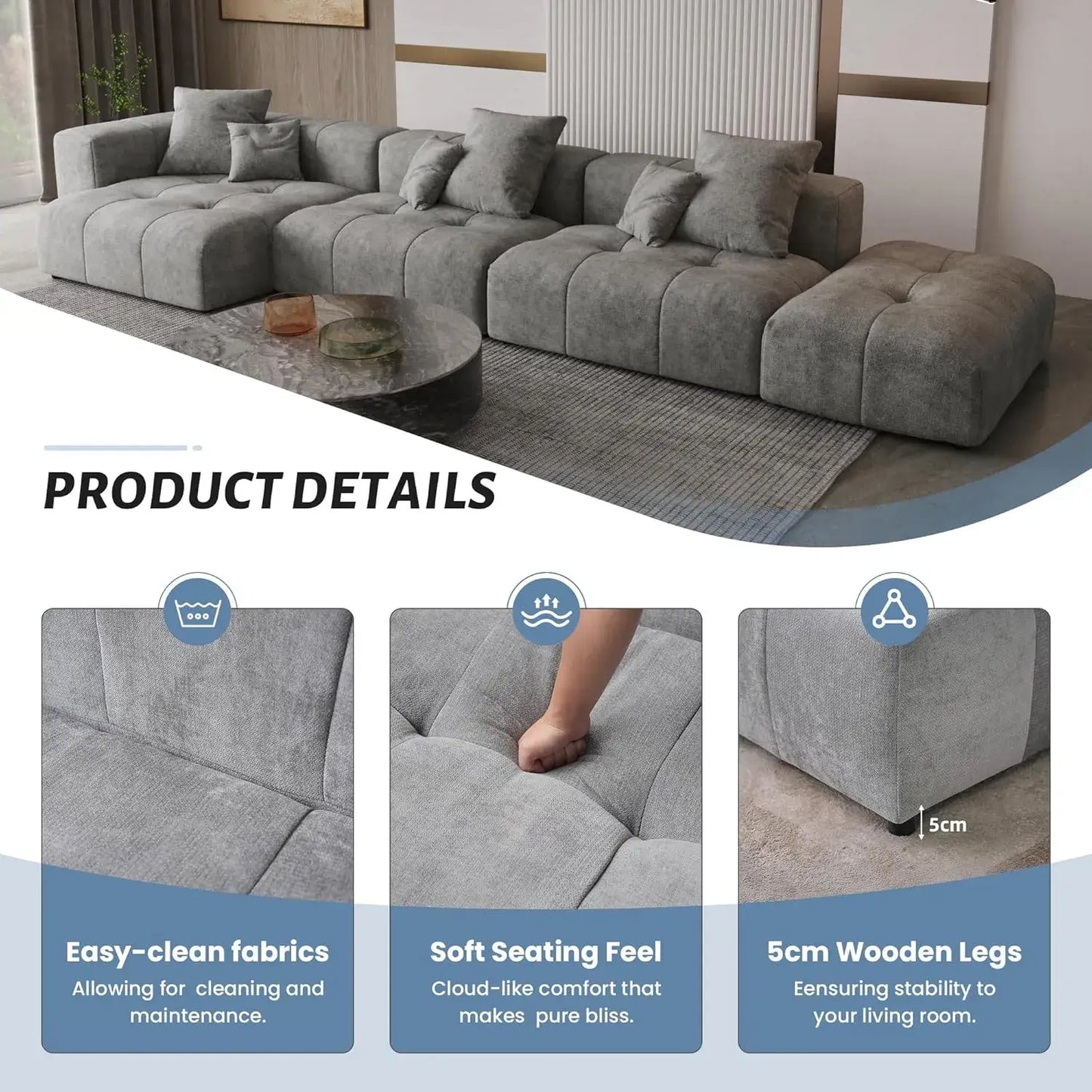 Matrix Classic Modular Sofas | Light Grey Cotton and Linen Loveseats 2-seaters with 1 Ottoman