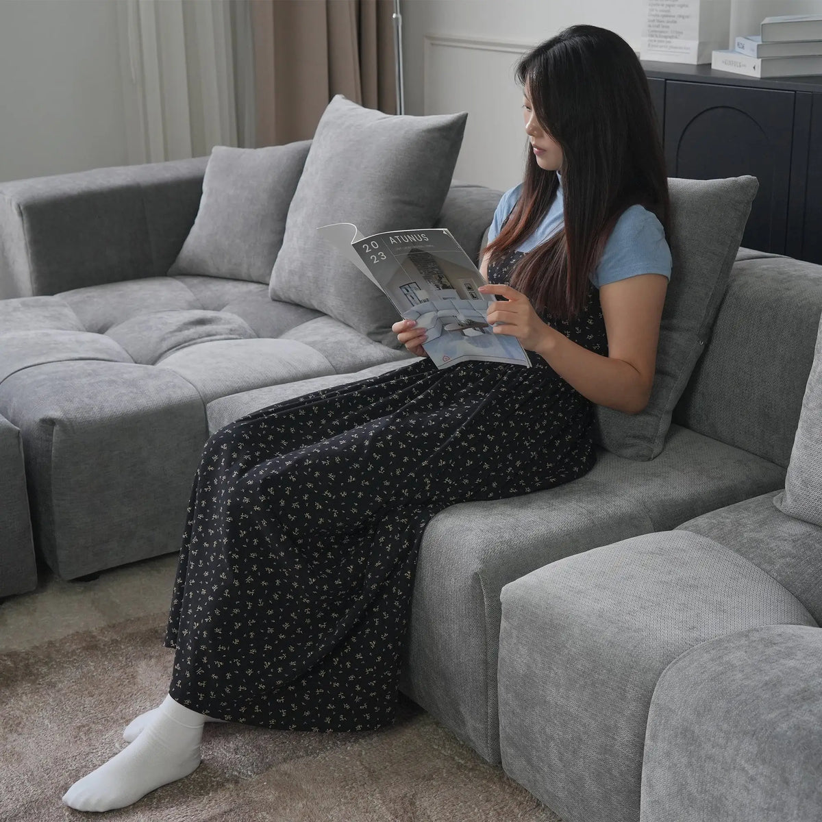 Matrix 3-Seater Light-Grey Sofa Set | 4-Piece (Includes 1 Ottoman), Linen Fabric