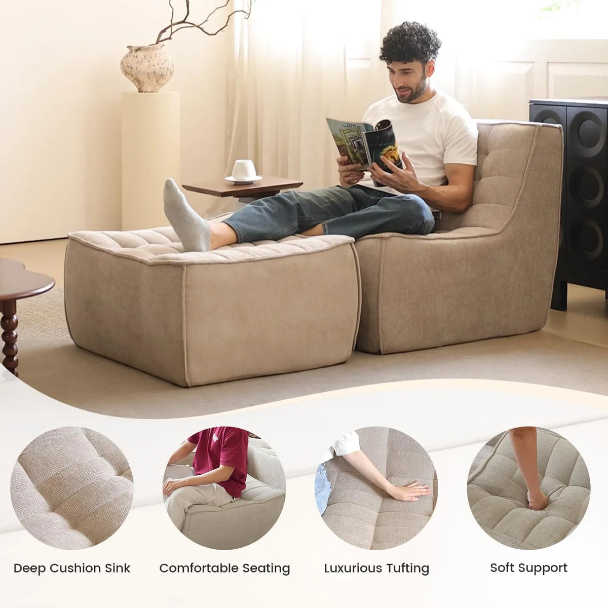 Essential Classic Floor Sofas | 3-Piece Khaki Chenille and Linen Sofa Sets 6-Seater