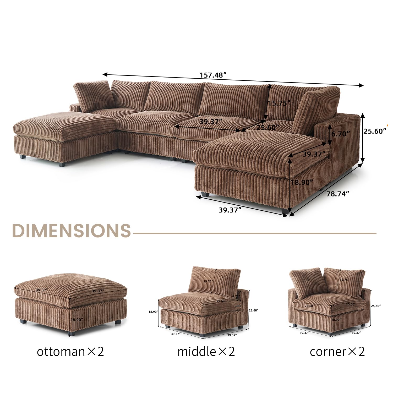 Cloud Couch Modular Sectional Sofa,157" Oversized U Shaped Couch with Ottoman,6 Seater Convertible Sofa,Comfy Plush Couches for Living Room,Covers Washable&amp;Replaceable (White)