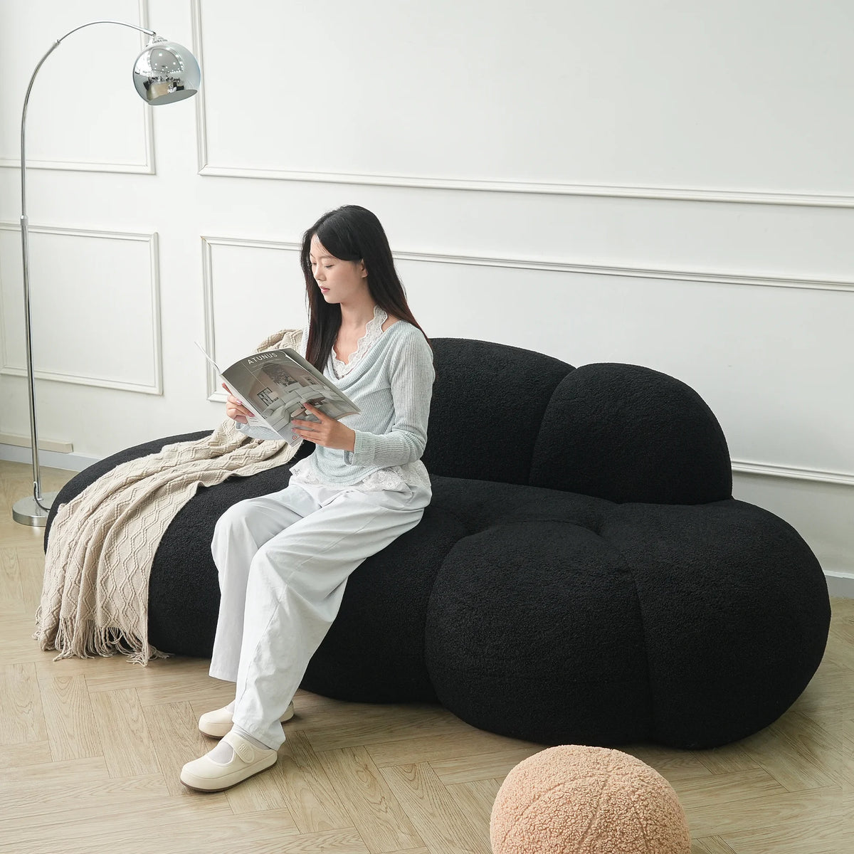 Essential 3-Seater black Teddy Velvet Couch Sectionals | 1-Piece, Teddy Velvet Fabric, Apartment Friendly
