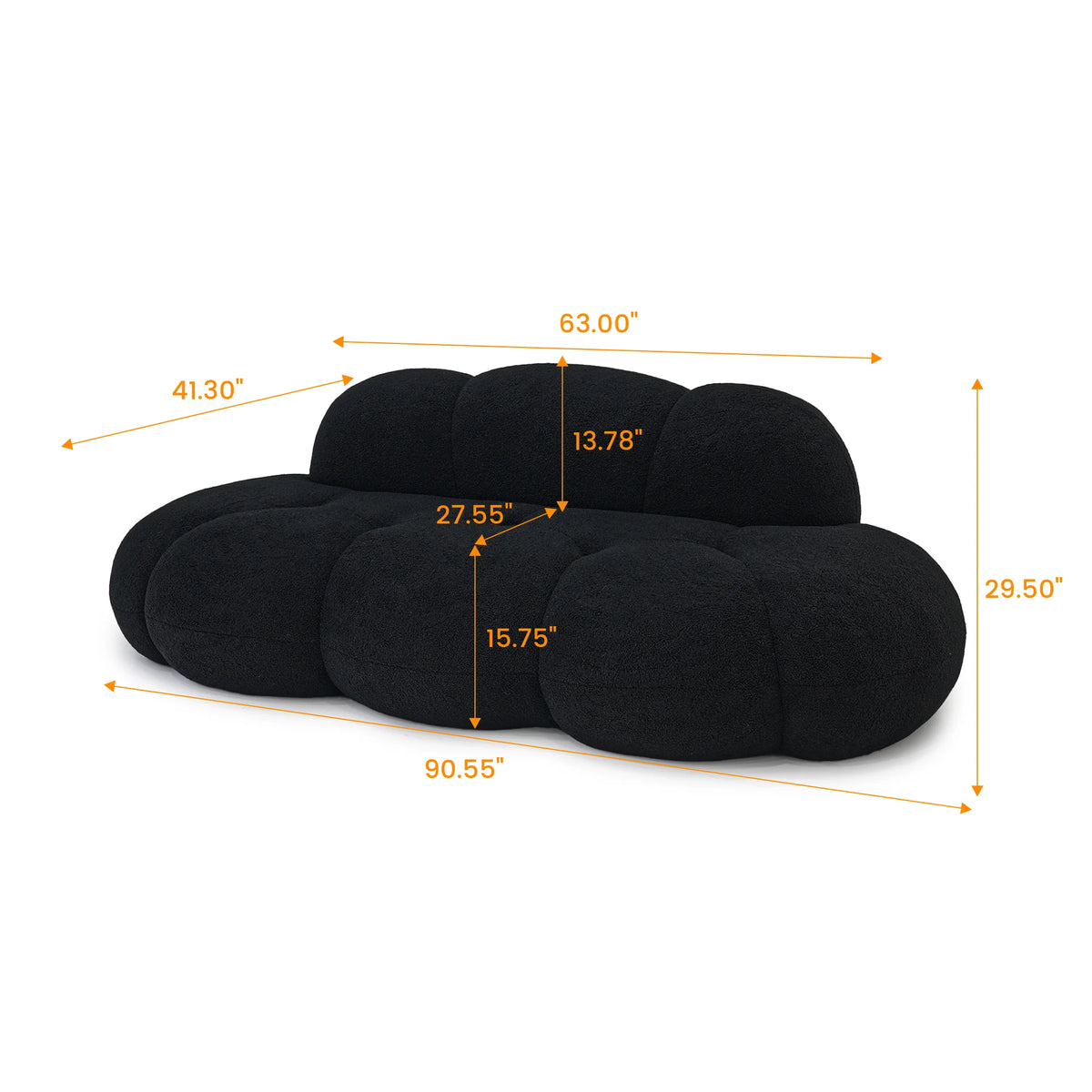 Essential 3-Seater black Teddy Velvet Couch Sectionals | 1-Piece, Teddy Velvet Fabric, Apartment Friendly
