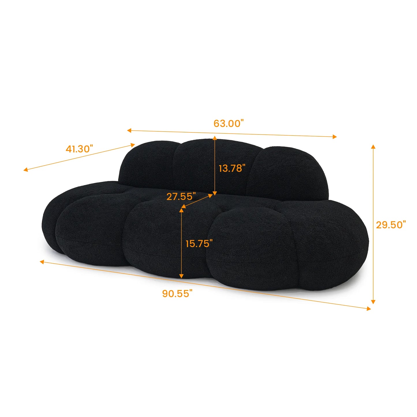 Essential Cloud Boneless Sofas | 1-Piece Teddy Velvet Black Loveseats 3-Seater