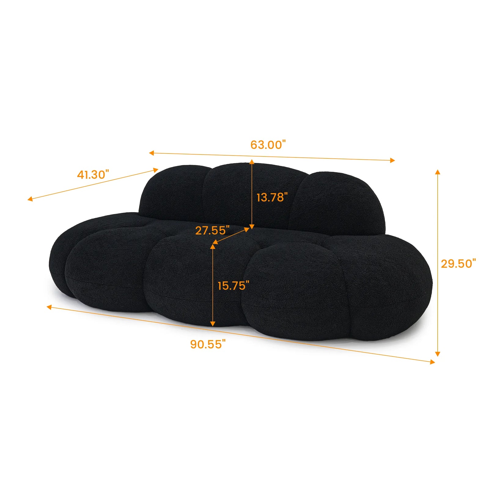 Essential 3-Seater black Teddy Velvet Couch Sectionals | 1-Piece, Teddy Velvet Fabric, Apartment Friendly