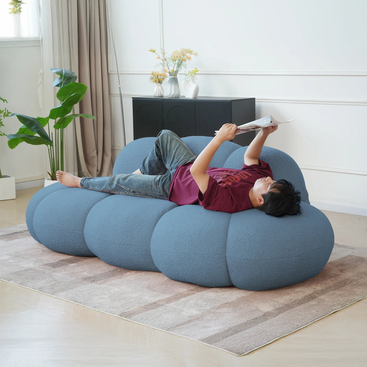 Essential Cloud Boneless Sofas | 1-Piece Teddy Velvet Blue Loveseats 3-Seater