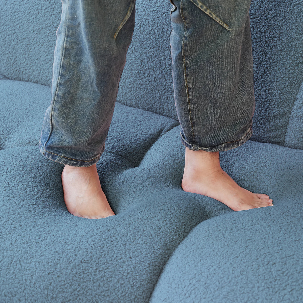 Essential Cloud Boneless Sofas | 1-Piece Teddy Velvet Blue Loveseats 3-Seater