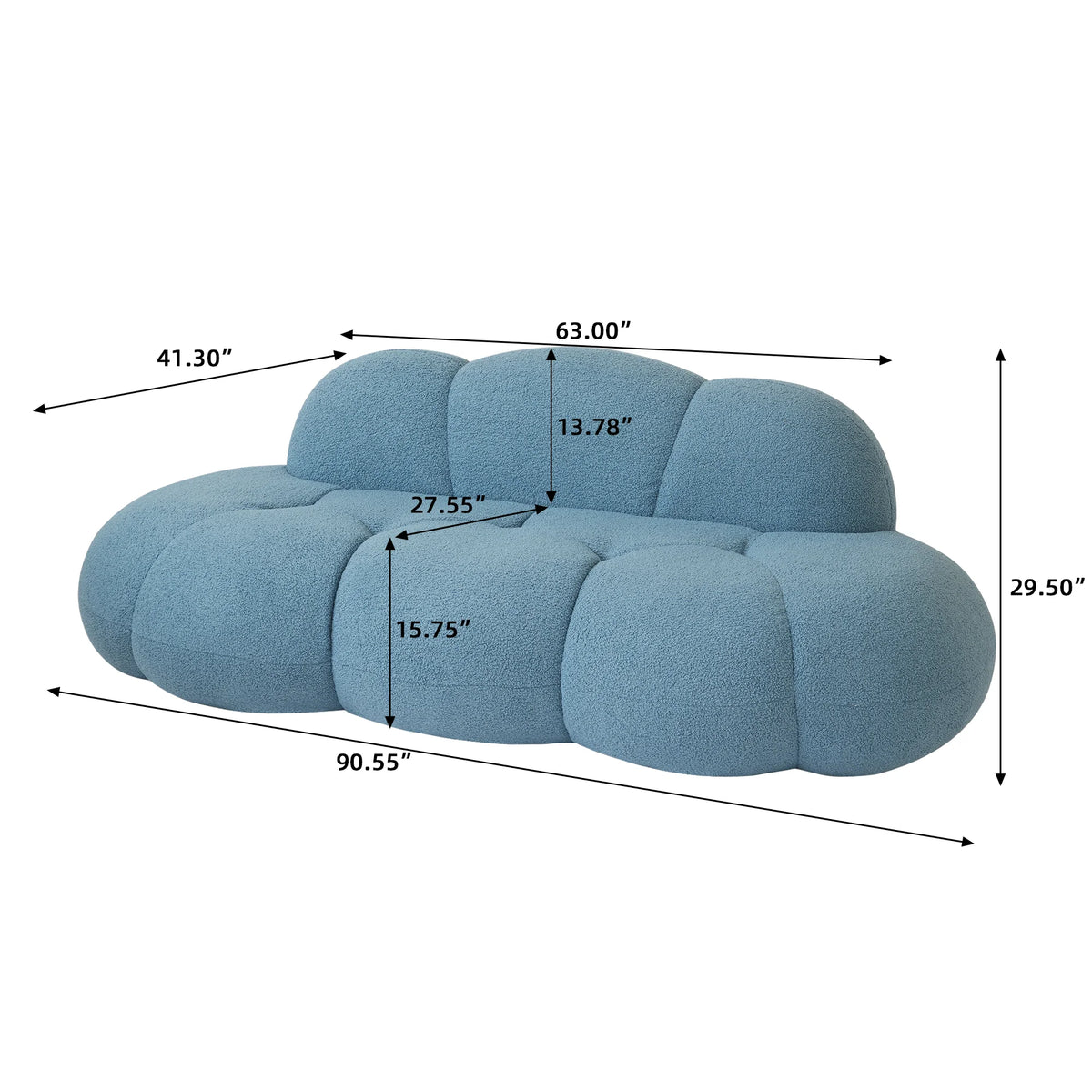 Essential Cloud Boneless Sofas | 1-Piece Teddy Velvet Blue Loveseats 3-Seater