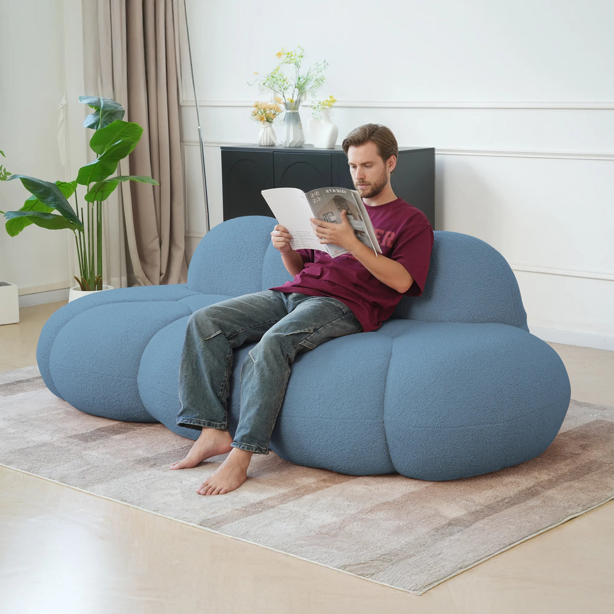 Essential Cloud Boneless Sofas | 1-Piece Teddy Velvet Blue Loveseats 3-Seater