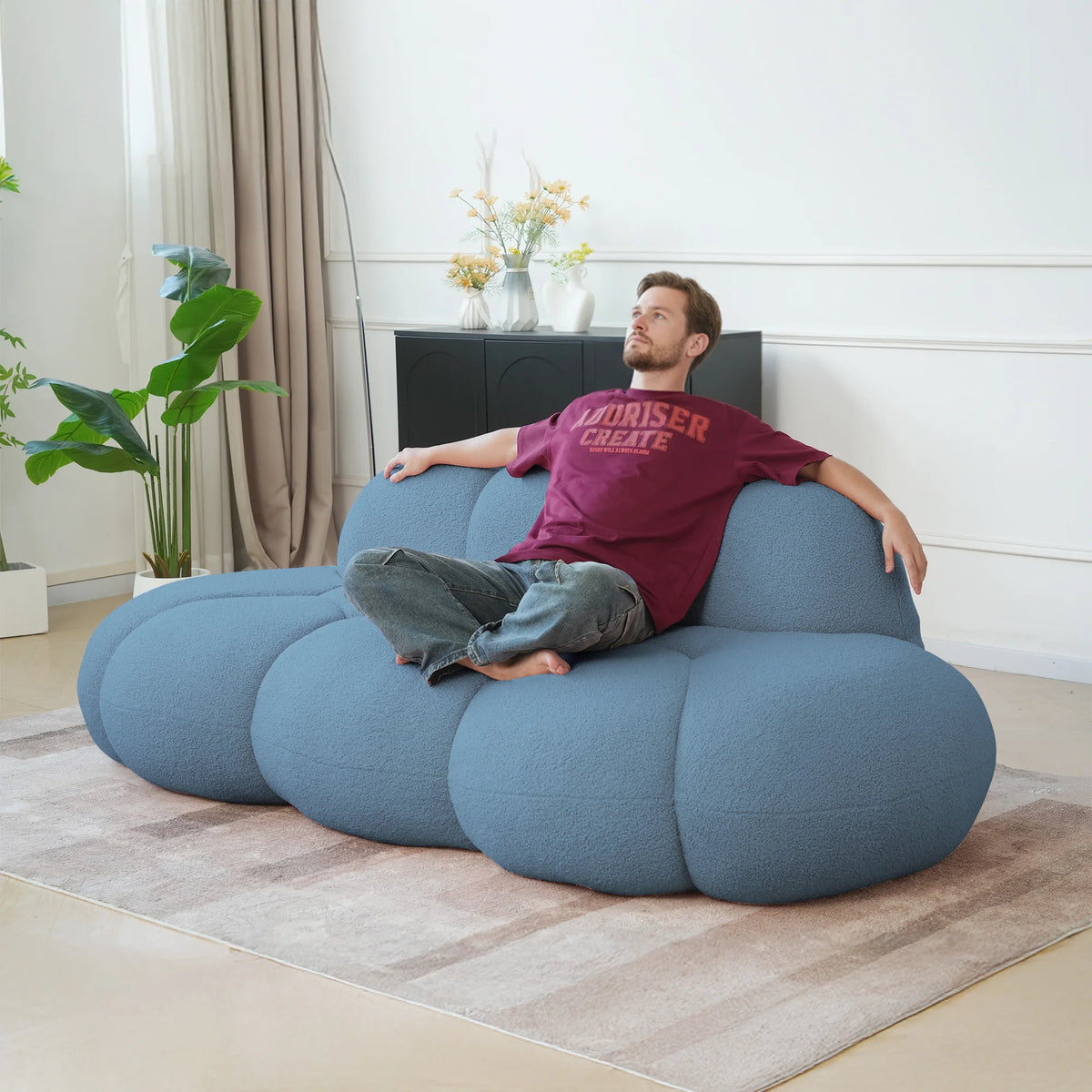 Essential Cloud Boneless Sofas | 1-Piece Teddy Velvet Blue Loveseats 3-Seater