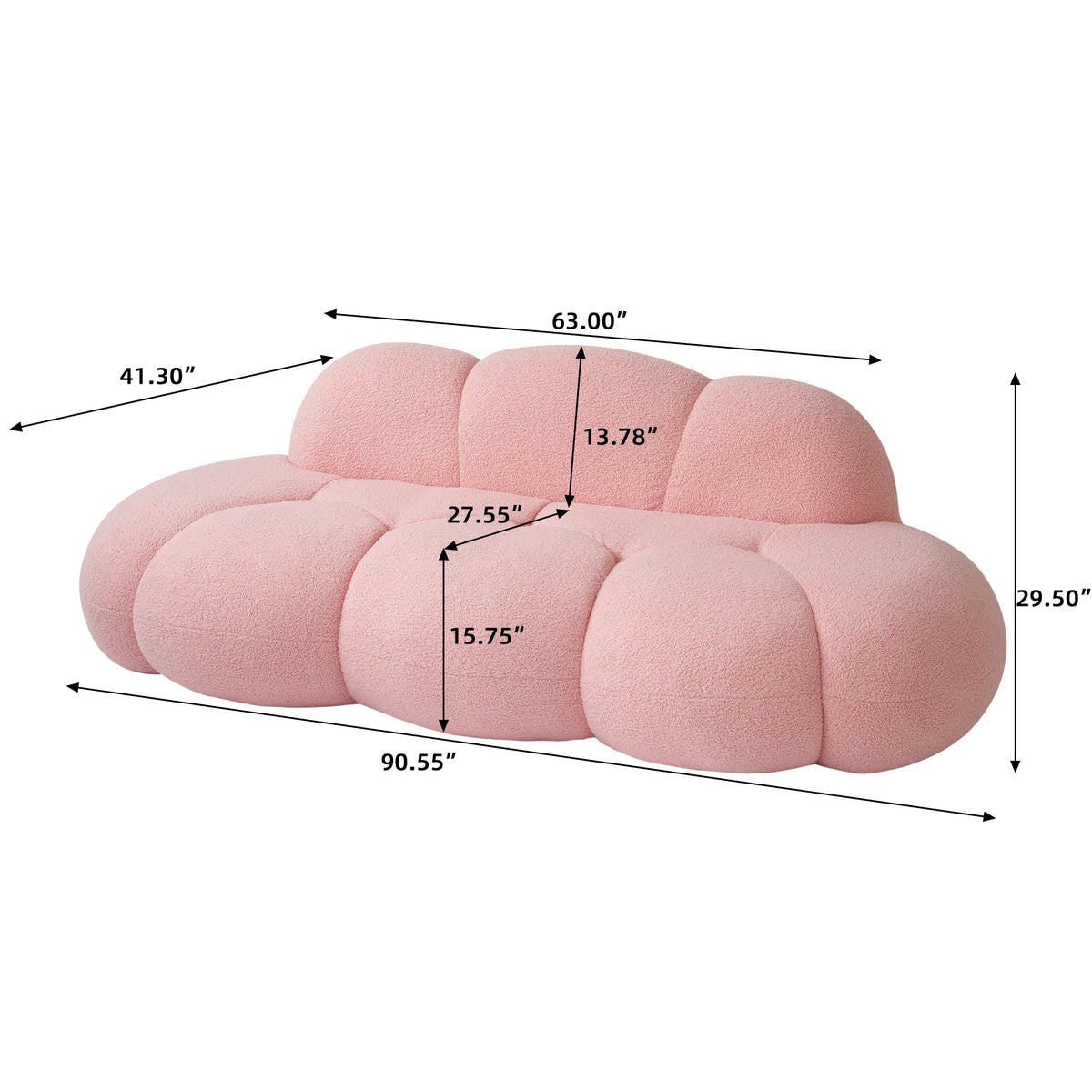 Essential Cloud Boneless Sofas | 1-Piece Teddy Velvet Pink Loveseats 3-Seater