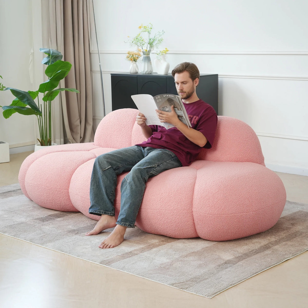 Essential Cloud Boneless Sofas | 1-Piece Teddy Velvet Pink Loveseats 3-Seater