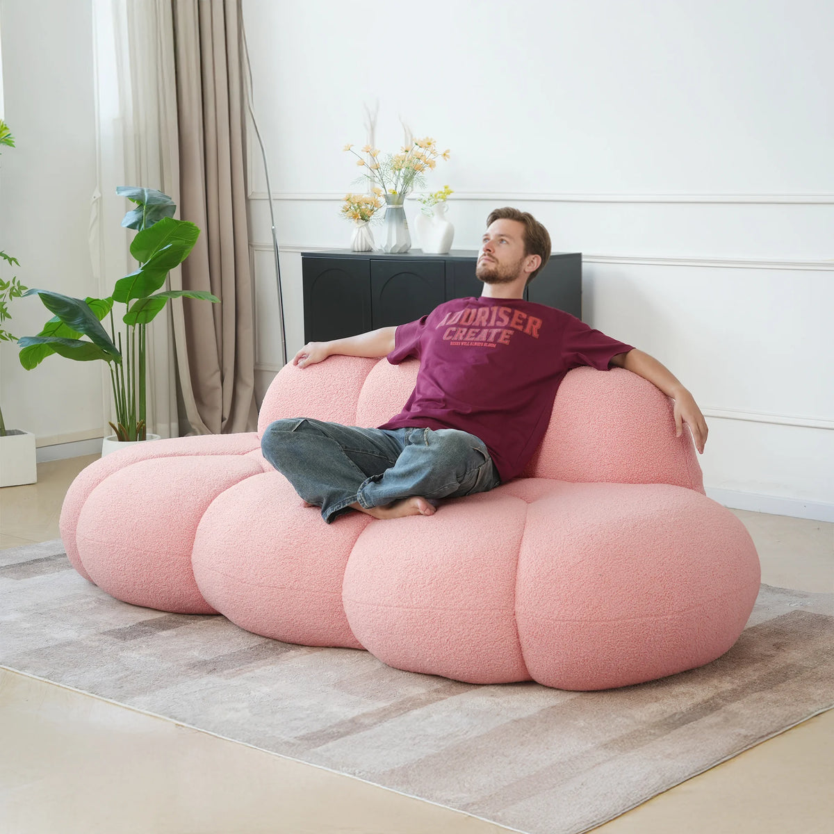 Essential Cloud Boneless Sofas | 1-Piece Teddy Velvet Pink Loveseats 3-Seater