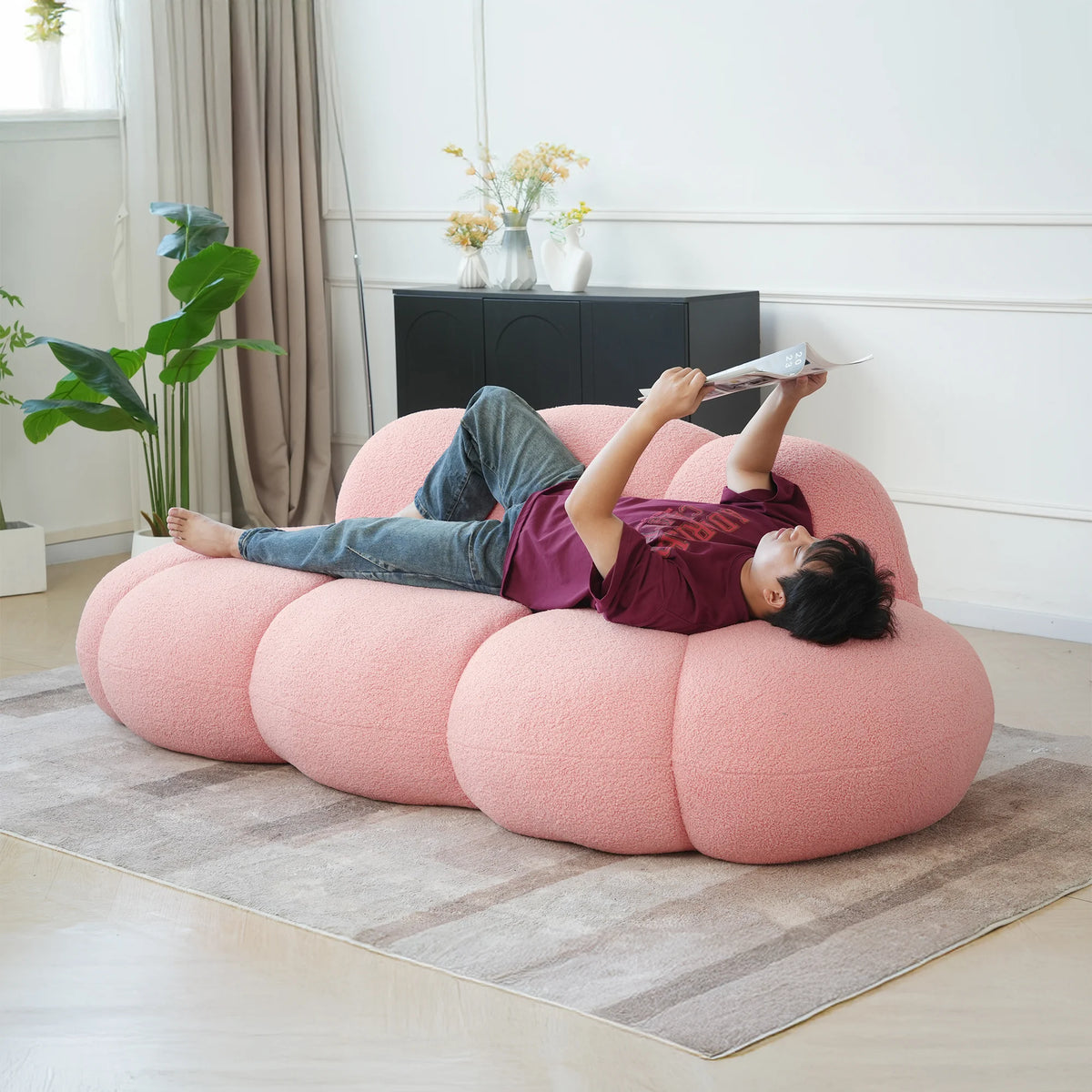 Essential Cloud Boneless Sofas | 1-Piece Teddy Velvet Pink Loveseats 3-Seater