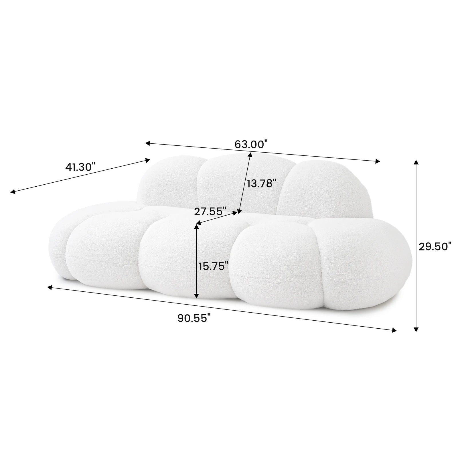 Seccionales de sofá esencial de 3 asientos de terciopelo Teddy blanco | 1 pieza, tela de terciopelo Teddy, diseño compacto