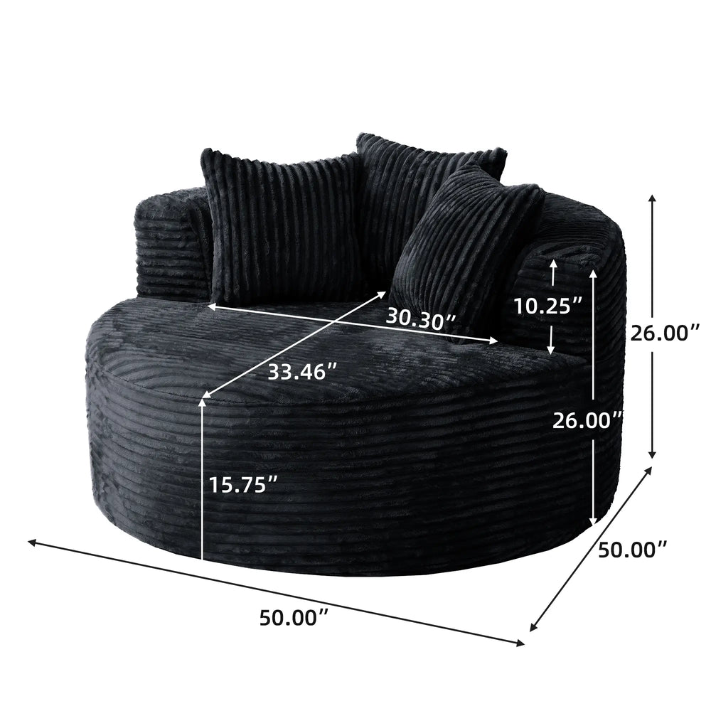 Sofás Essential Round Boneless | Sofá individual de una plaza, de tela afelpada, color negro