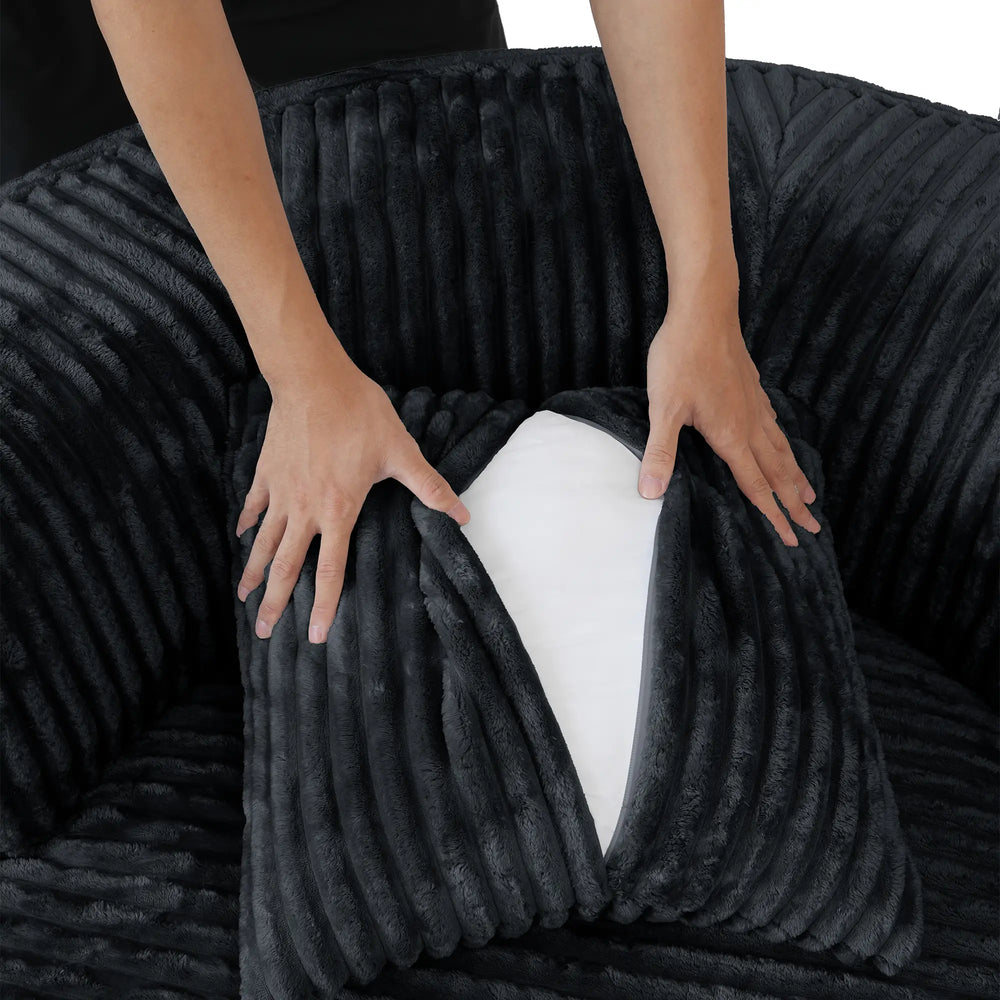 Sofás Essential Round Boneless | Sofá individual de una plaza, de tela afelpada, color negro