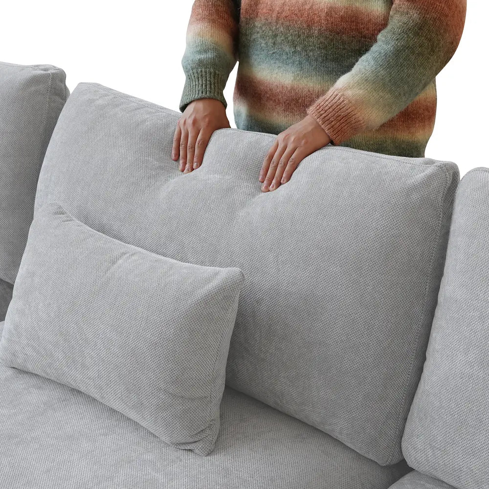 Deluxe Cloud 2-Seater Light-Grey Washable Chaise Sectional | 3-Piece (includes 1 Ottoman), Chenille and Linen Fabric, Modular Design