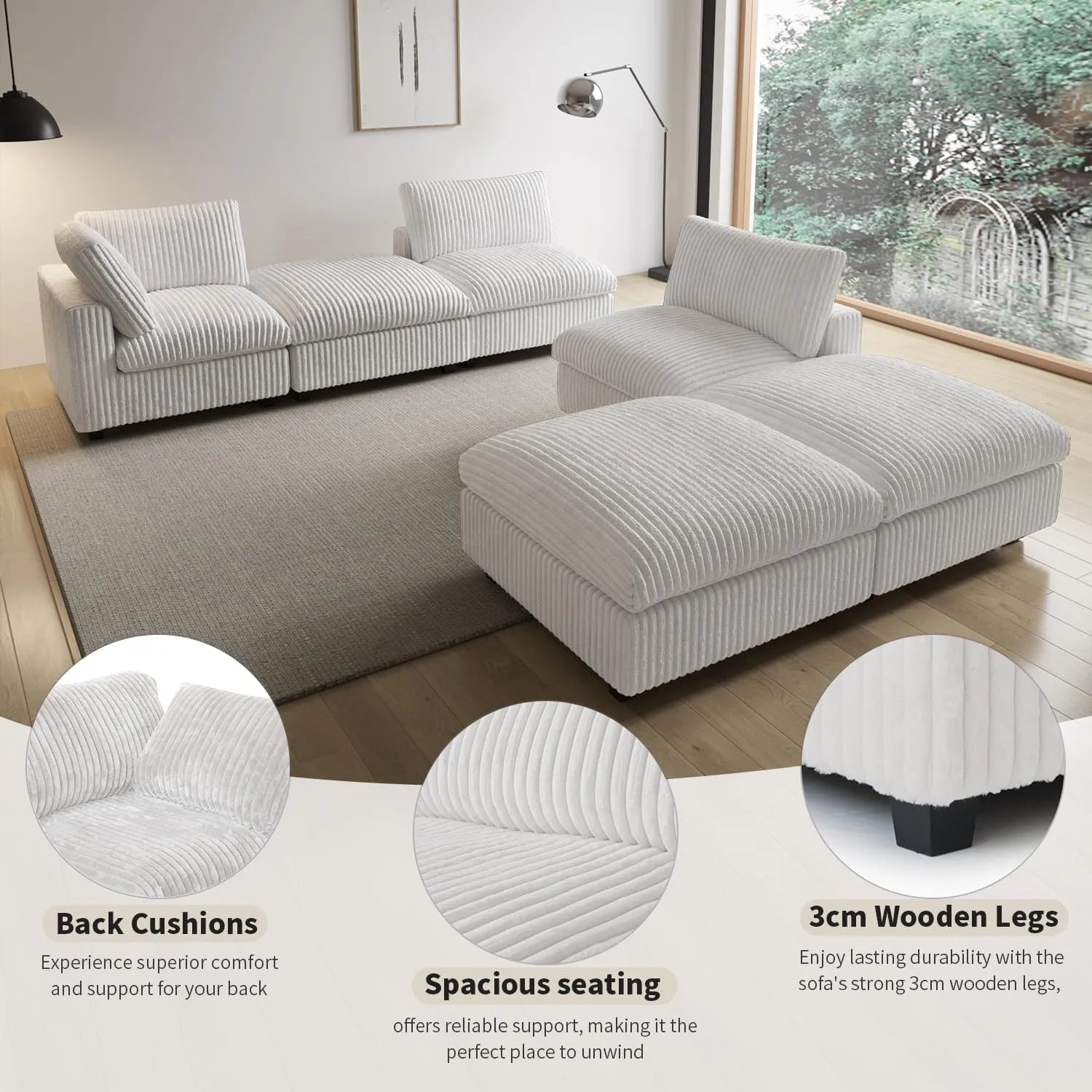 Sofá modular modular Deluxe Cloud de 3 plazas, color beige, lavable, en forma de U | 5 piezas (incluye 2 otomanas), tejido de felpa, diseño modular