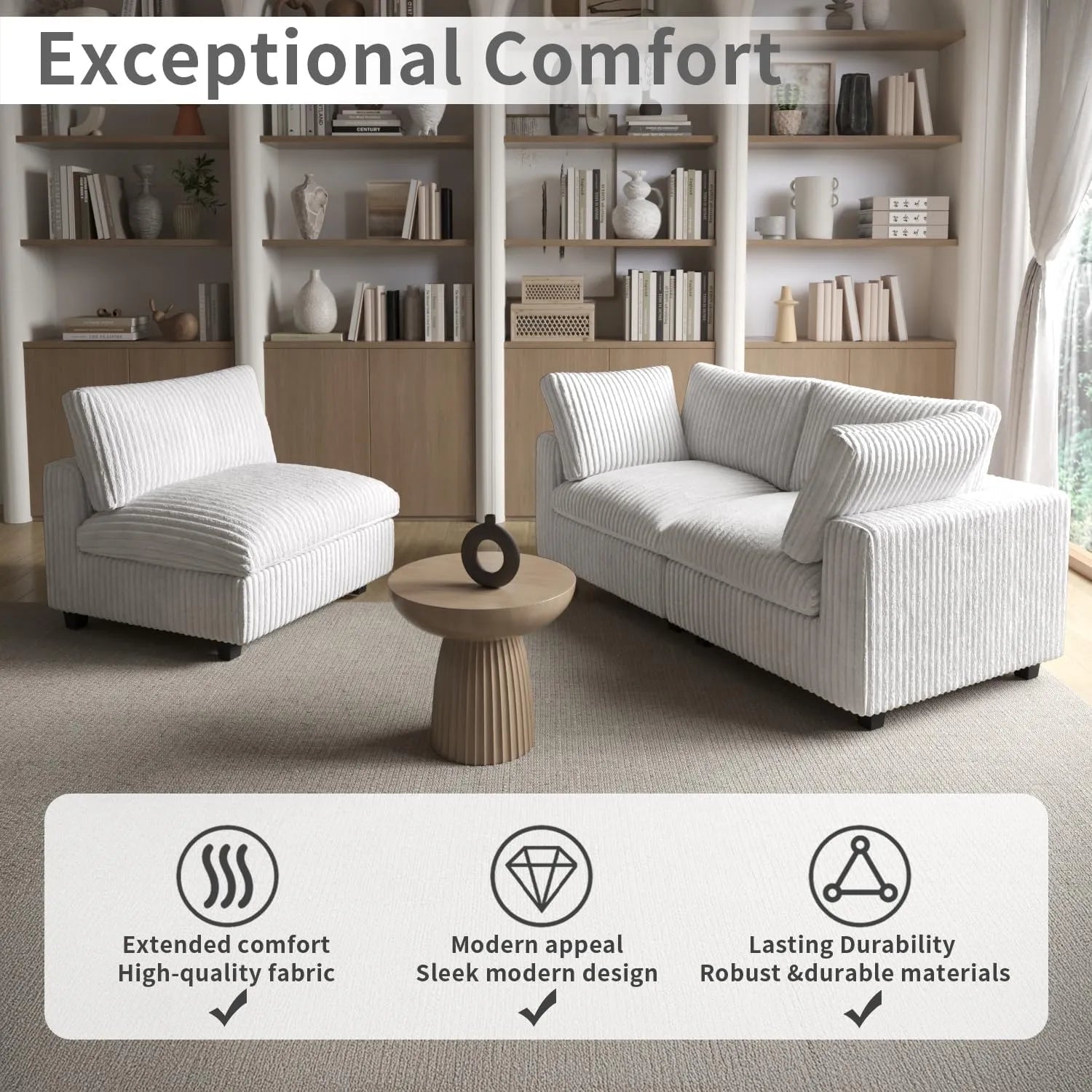 Sofá modular modular Deluxe Cloud de 3 plazas, color beige, lavable, en forma de U | 5 piezas (incluye 2 otomanas), tejido de felpa, diseño modular