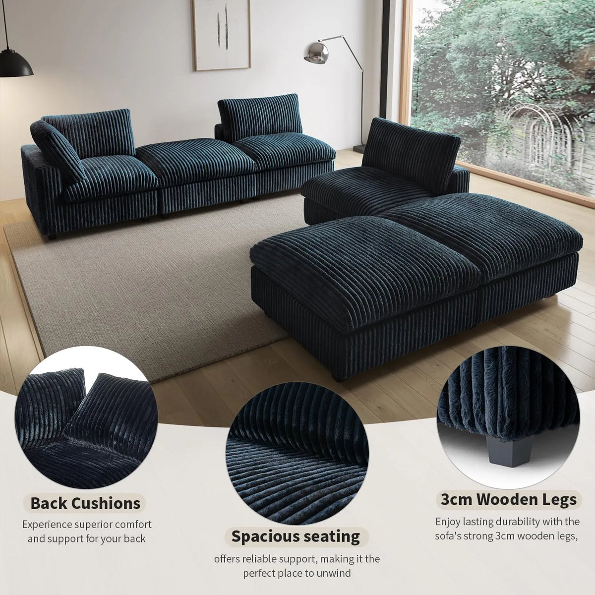 Deluxe Cloud 2-Seater Black Washable Chaise Sectional | 3-Piece (includes 1 Ottoman), Plush Fabric, Modular Design