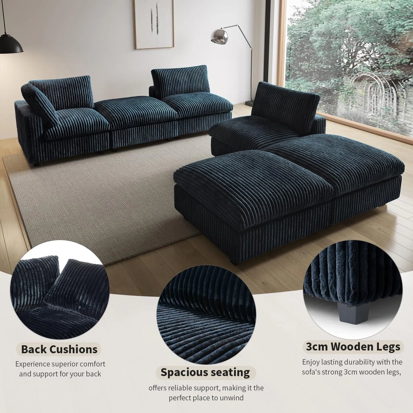 Deluxe Classic Cloud Sectional Sofas | Black Plush Fabric U shaped Sectionals 5-seaters with 1 Ottoman