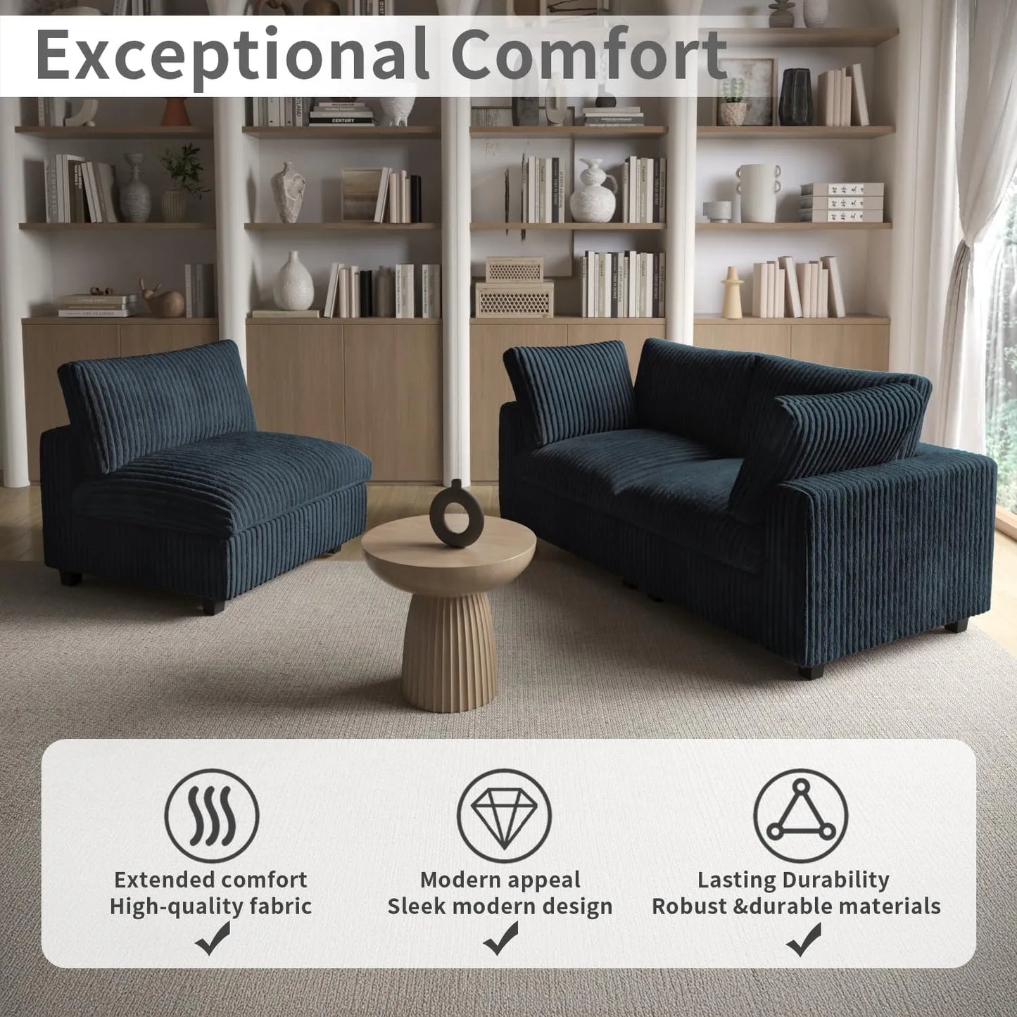Deluxe Classic Cloud Sectional Sofas | Black Plush Fabric U shaped Sectionals 5-seaters with 1 Ottoman