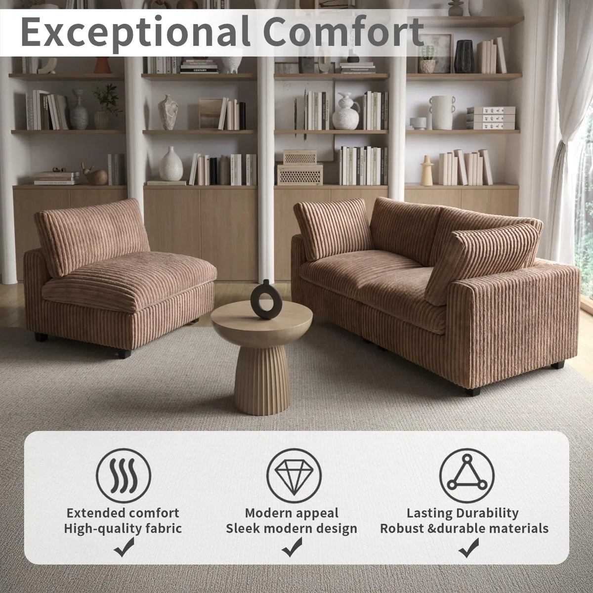 Deluxe Cloud 2-Seater Brown Washable Chaise Sectional | 3-Piece (includes 1 Ottoman), Plush Fabric, Modular Design