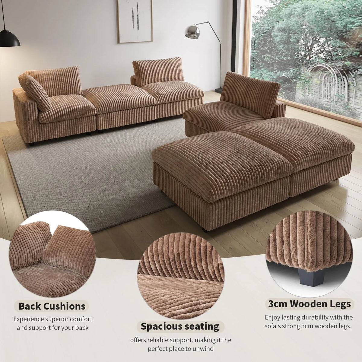 Deluxe Cloud 2-Seater Brown Washable Chaise Sectional | 3-Piece (includes 1 Ottoman), Plush Fabric, Modular Design