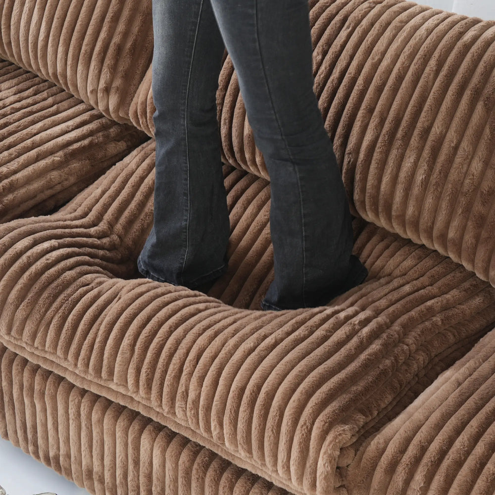 Deluxe Classic Cloud Sectional Sofas | Brown Plush Fabric U shaped Sectionals 5-seaters with 1 Ottoman