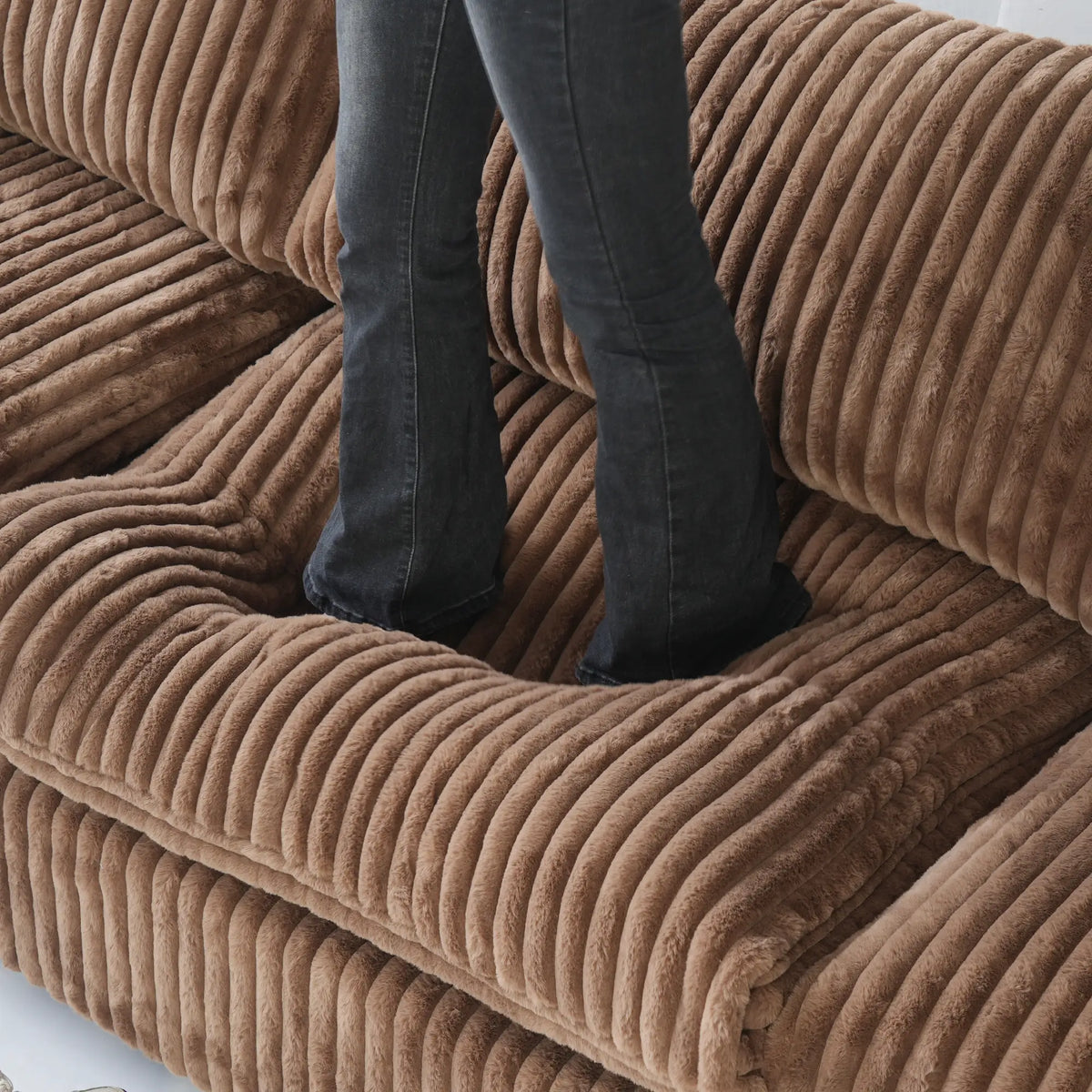 Deluxe Cloud 2-Seater Brown Washable Chaise Sectional | 3-Piece (includes 1 Ottoman), Plush Fabric, Modular Design