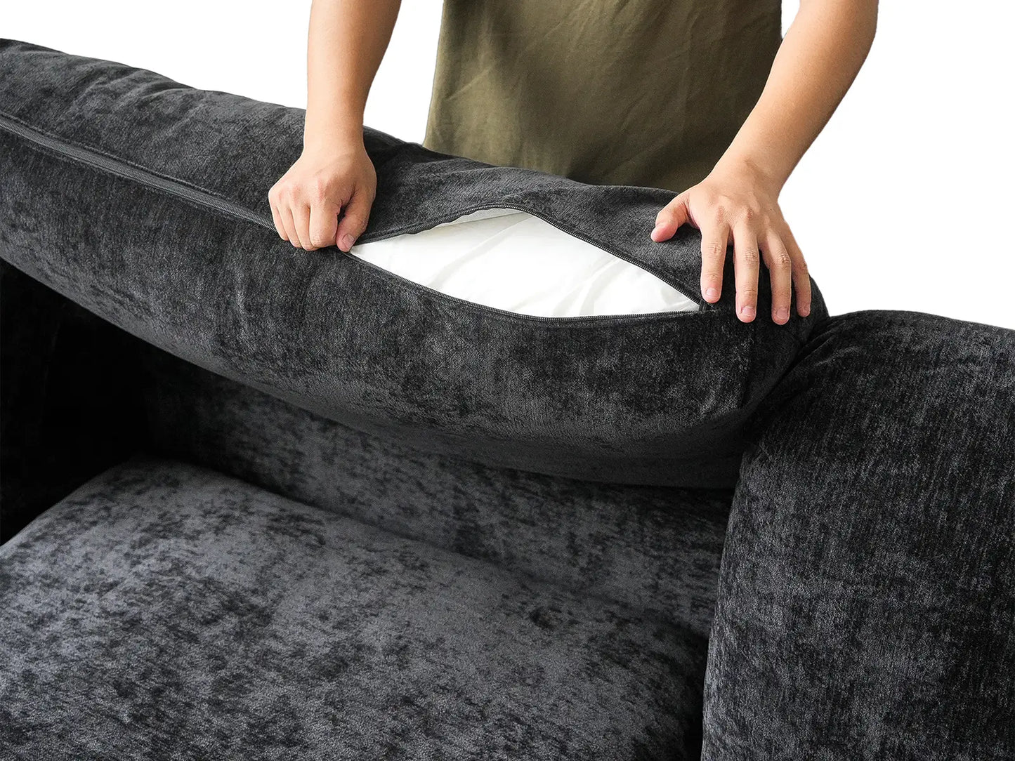 Sofá seccional de 4 plazas Deluxe Cloud negro | 4 piezas, tela de chenilla mezcla de lino, fundas de cojín lavables
