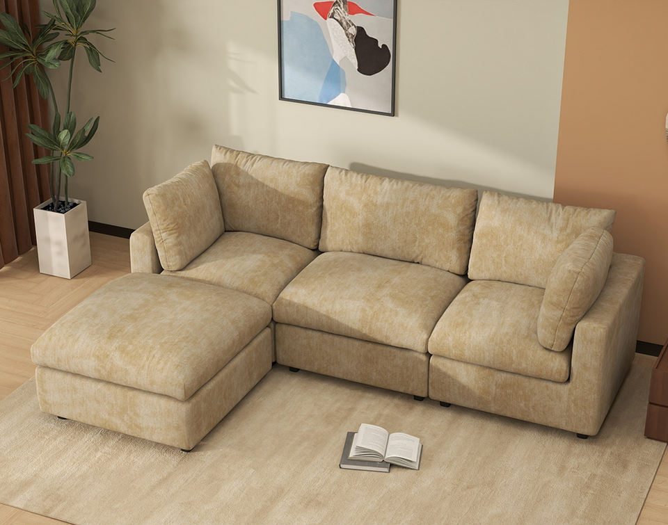 Deluxe Cloud 3-Seater Khaki Large Space L-Shaped Sectional | 4-Piece (Includes 1 Ottoman), Linen-Blend Chenille Fabric, Easy To Clean