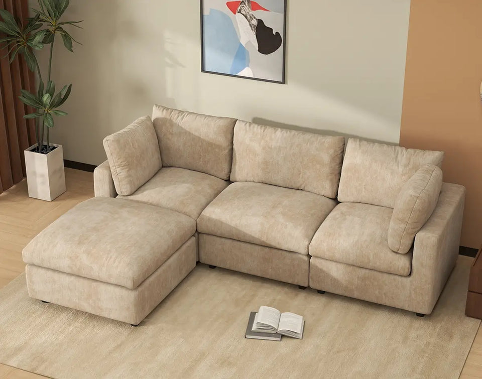 Deluxe Cloud 3-Seater Khaki Large Space L-Shaped Sectional | 4-Piece (Includes 1 Ottoman), Linen-Blend Chenille Fabric, Easy To Clean