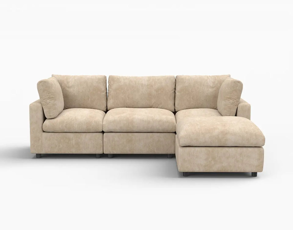 Deluxe Cloud 3-Seater Khaki Large Space L-Shaped Sectional | 4-Piece (Includes 1 Ottoman), Linen-Blend Chenille Fabric, Easy To Clean