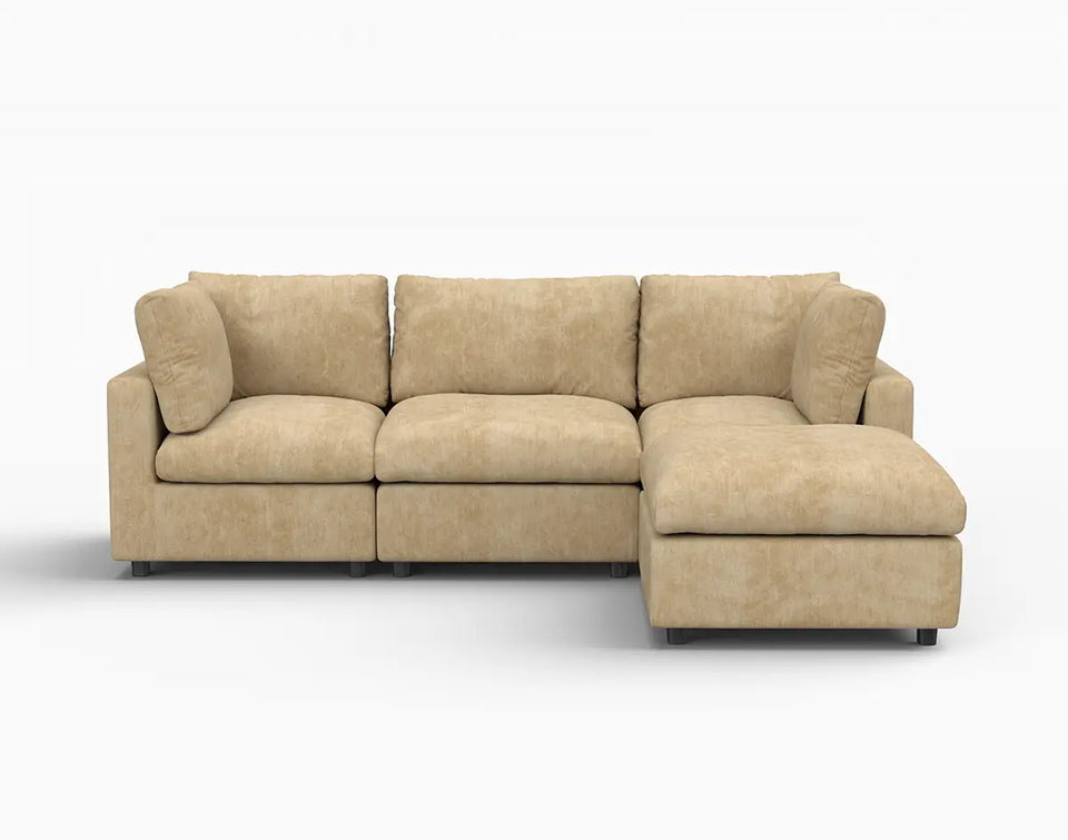 Deluxe Cloud 3-Seater Khaki Large Space L-Shaped Sectional | 4-Piece (Includes 1 Ottoman), Linen-Blend Chenille Fabric, Easy To Clean