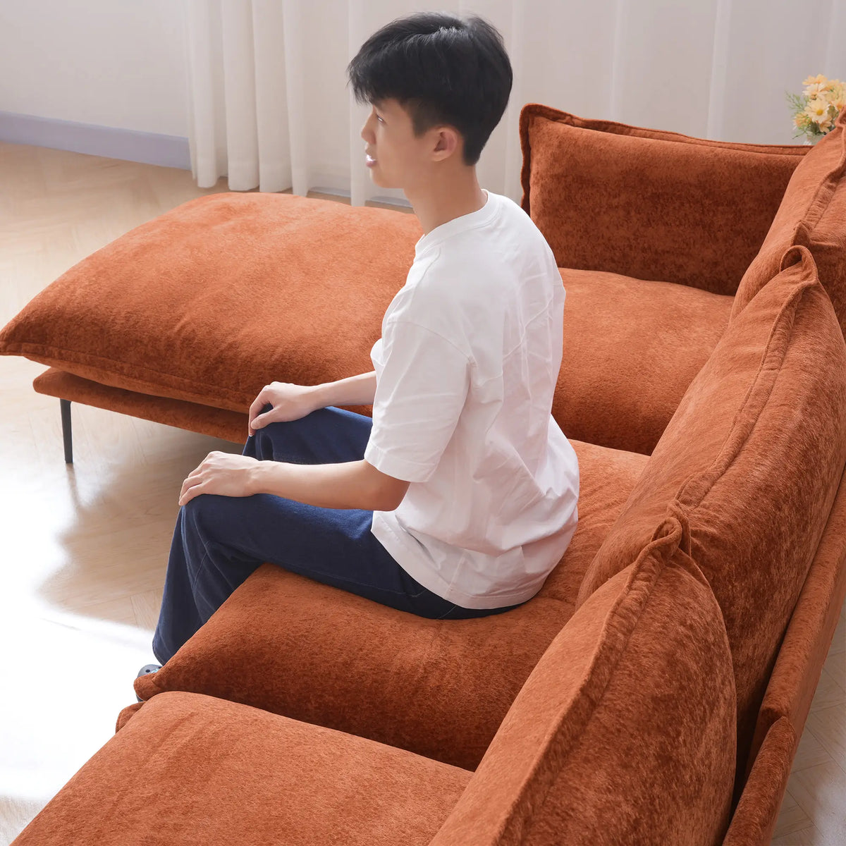 Deluxe Cloud 3-Seater Orange Modular L-Shaped Sectional | 4-Piece (includes 1 Ottoman), Velvet Fabric, Roomy Layout