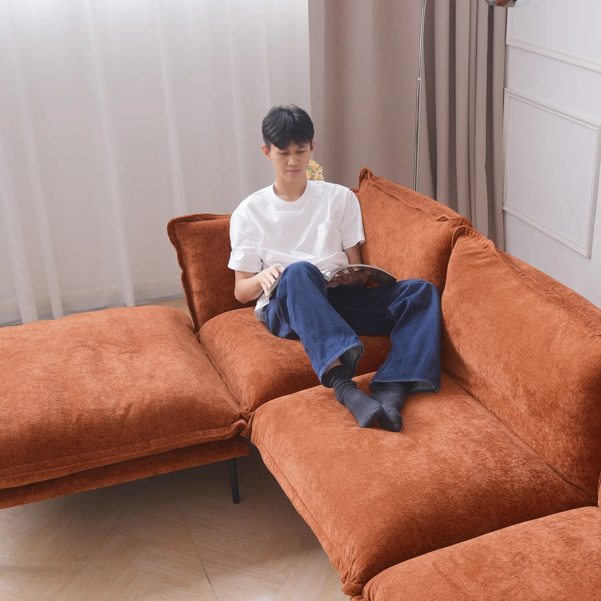 Deluxe Cloud 3-Seater Orange Modular L-Shaped Sectional | 4-Piece (includes 1 Ottoman), Velvet Fabric, Roomy Layout