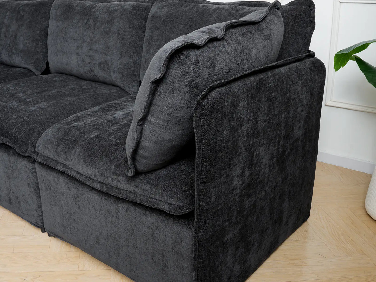 Deluxe Cloud 5-Seater Black Sofa Set | 6-Piece (Includes 1 Ottoman), Linen Look Poly Fabric, Washable Cushion Covers