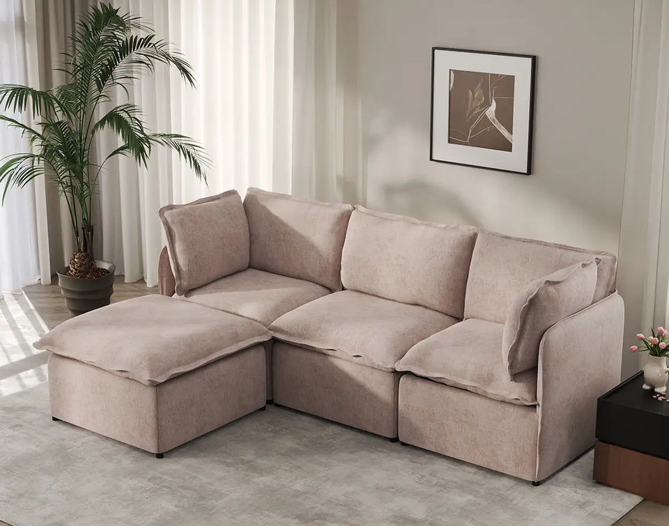 Deluxe Cloud 3-Seater Khaki L-Shaped Sectional | 4-Piece (Includes 1 Ottoman), Linen Look Poly Fabric, Washable Cushion Covers