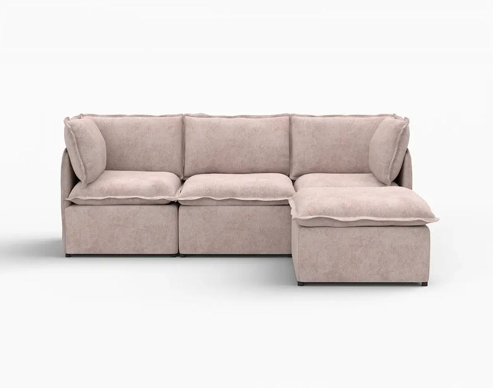 Deluxe Cloud 3-Seater Khaki L-Shaped Sectional | 4-Piece (Includes 1 Ottoman), Linen Look Poly Fabric, Washable Cushion Covers